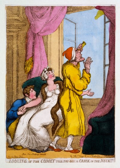 1811年にクリークが首まで届くまで彗星を見る（手彩色の彫刻） 作： Thomas Rowlandson